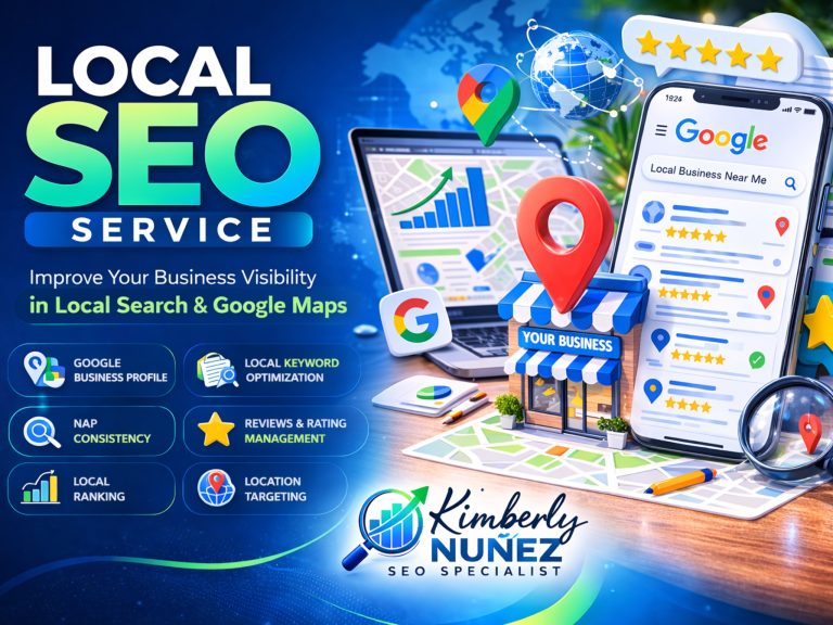 Local SEO service illustration showing map location pins, business listing optimization, and local search visibility by Kimberly Nuñez SEO Specialist.