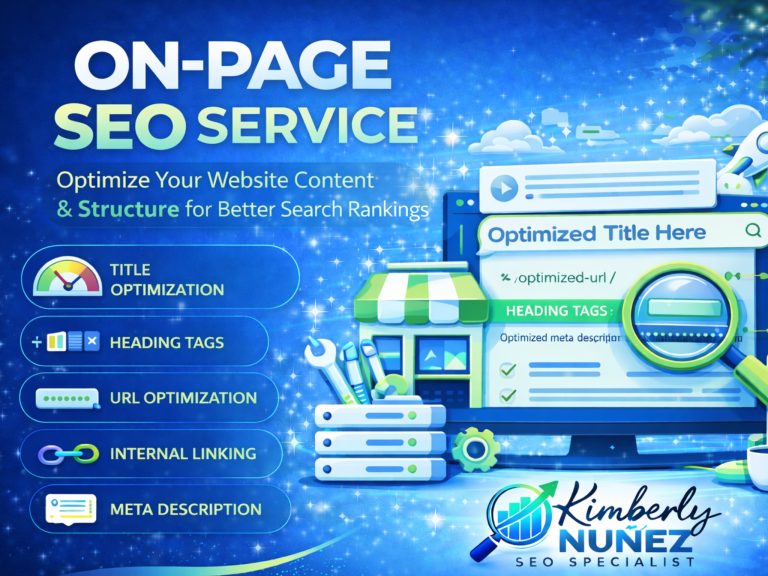 Illustration of on-page SEO service showing title optimization, heading tags, meta description, and internal linking by Kimberly Nuñez SEO Specialist.
