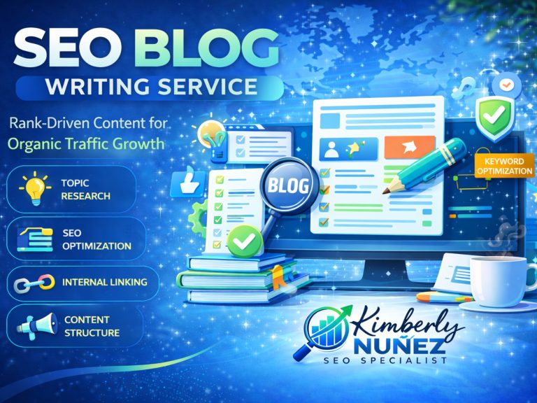 SEO blog writing service illustration showing content creation, keyword optimization, topic research, and internal linking by Kimberly Nuñez SEO Specialist.