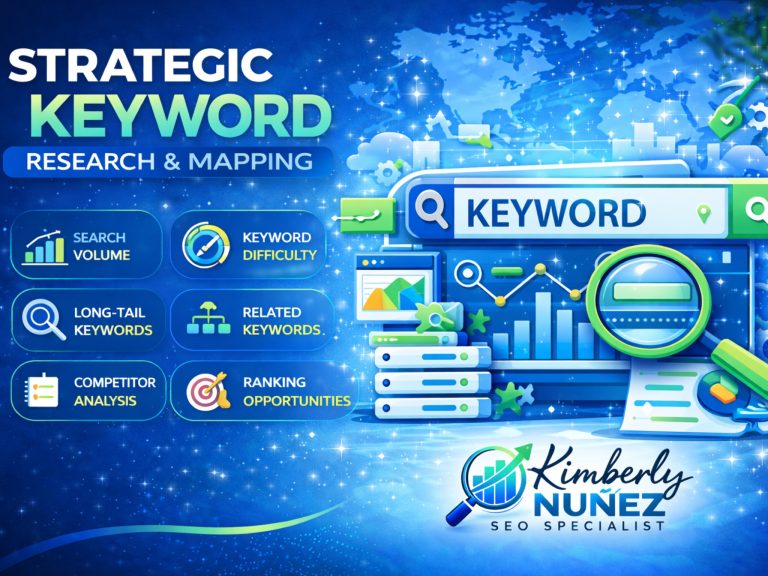 Strategic keyword research and keyword mapping SEO service showing search volume analysis, keyword difficulty, and ranking opportunities by Kimberly Nuñez.