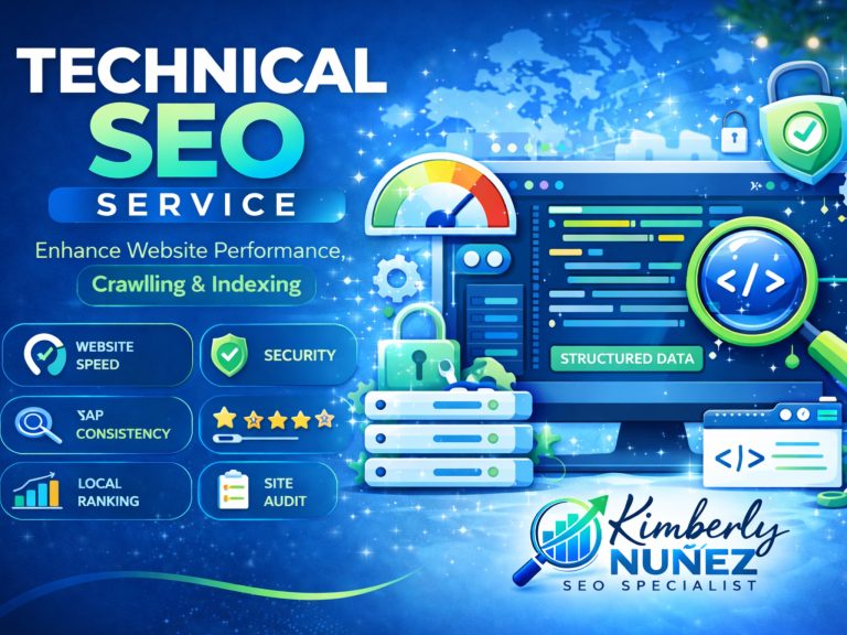 Technical SEO service illustration featuring website speed optimization, structured data, security, and technical site audits by Kimberly Nuñez SEO Specialist.